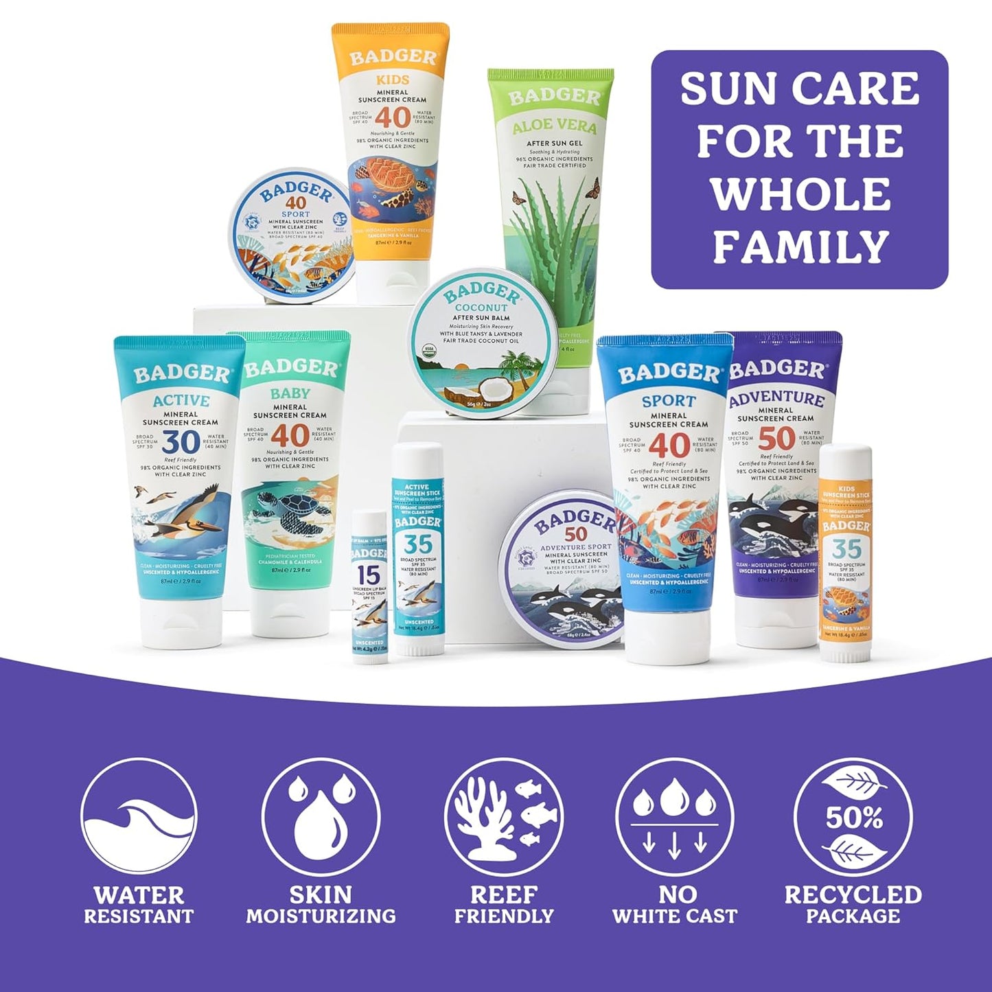 Badger Reef Safe Mineral Sunscreen SPF 50 - 98% Organic, Non-Toxic, Water Resistant, Unscented | 2.9 fl oz