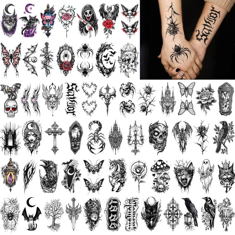 Gothic Temporary Tattoos - 77 Sheets of Waterproof Spider Skull Designs | Realistic Horror Makeup for Adults & Teens