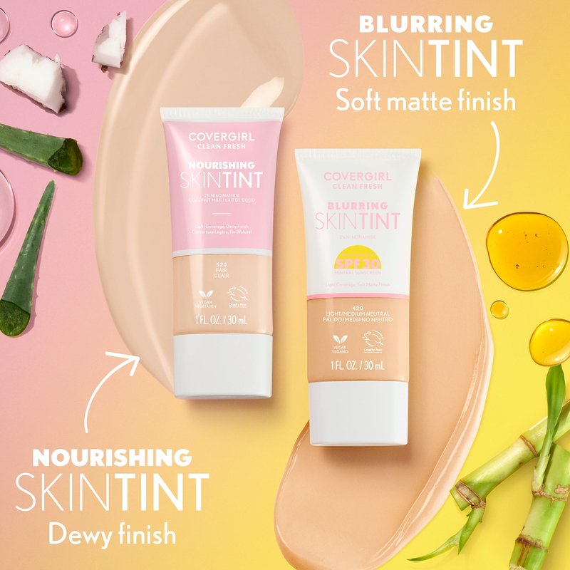 COVERGIRL Clean Fresh Nourishing Skin Tint, 550 Light/Medium, Liquid Foundation, Dewy Finish, Infused with Coconut & Aloe, Vegan Formula