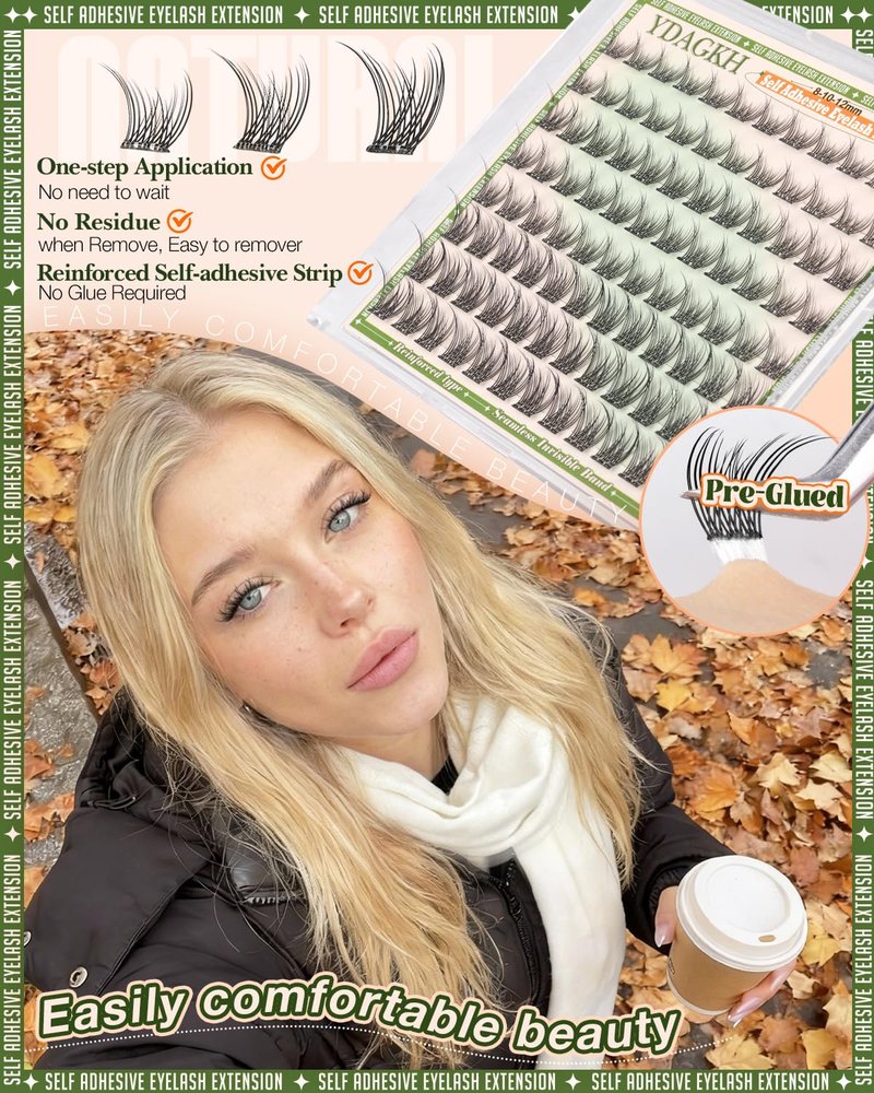 Short Self Adhesive Lash Clusters 8-10-12mm Natural Self Adhesive Eyelashes Pre Glued Individual Cluster Eyelash Extension Ultra-Thin Band Glueless Lashes Wispy No Glue Needed for Clean Beauty