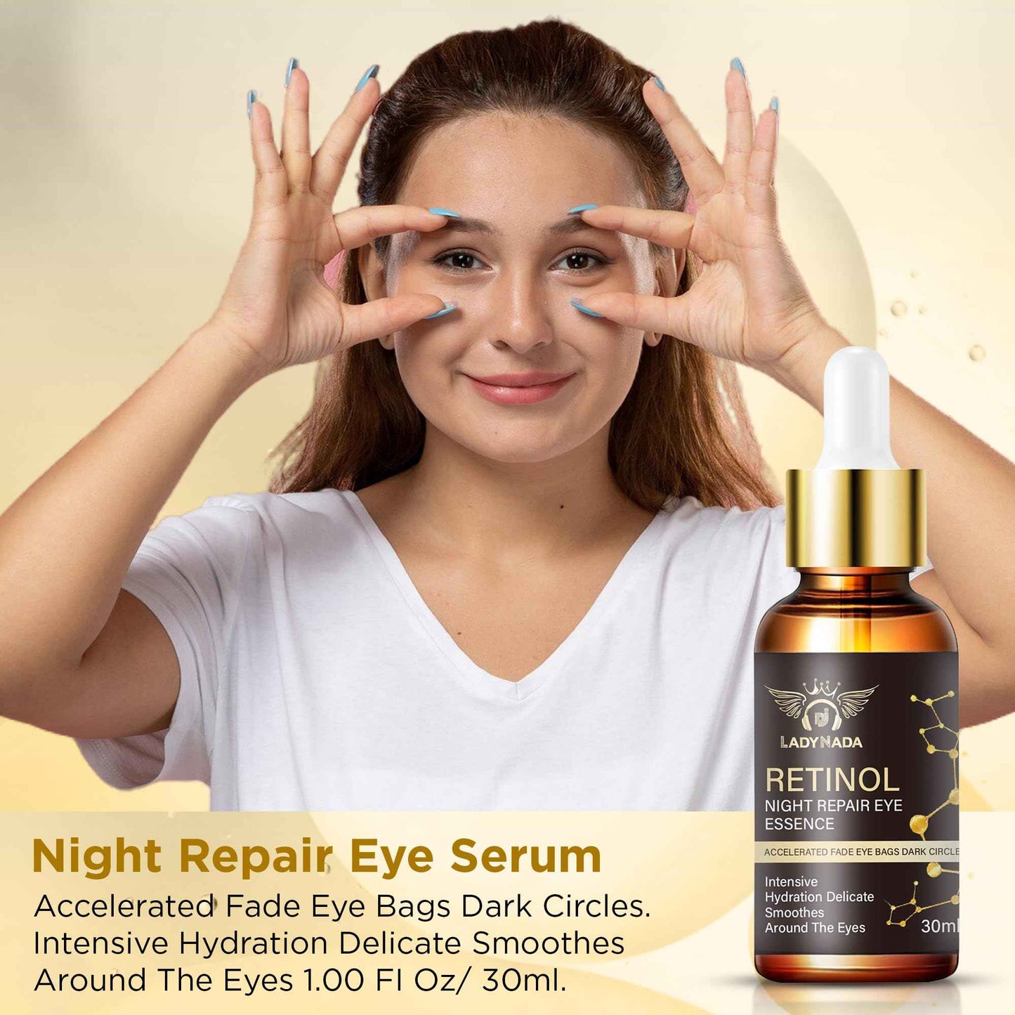 LADY NADA Retinol Eye Serum – Anti-Aging Night Treatment with Collagen, Vitamin E & Natural Extracts – Smooths Fine Lines, Deeply Hydrates, Long-Lasting Effect – For All Skin Types – 1.0 fl oz