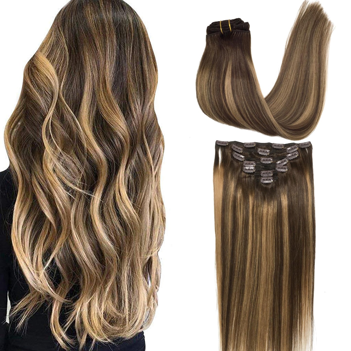 GOO GOO Clip in Hair Extensions Real Human Hair, Remy Human Hair Extensions Clip ins for Women, Natural Human Hair, 18inch 120g 7Pcs, 4/27/4 Balayage Chocolate Brown to Caramel Blonde