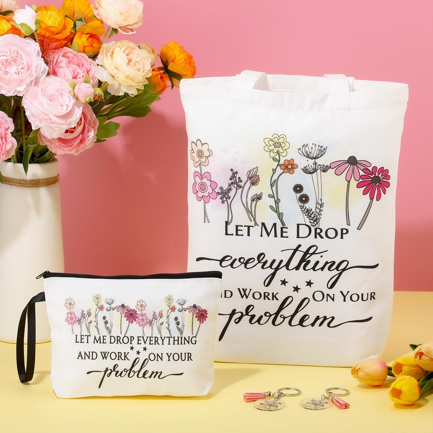 Sieral 9 Pcs Secretary Gift for Women Tote Canvas Bag Makeup Cosmetic Bag Motivational Keychain Secretary Appreciation Favor