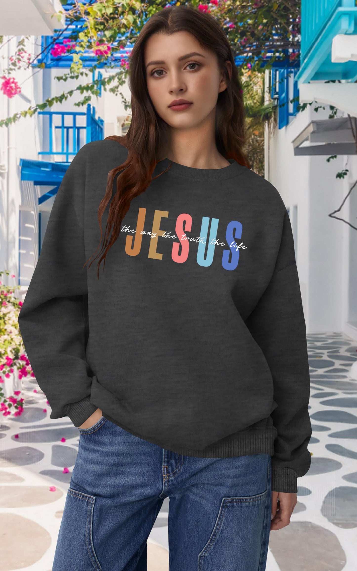 PICKID Jesus Sweatshirt Women Christian Sweatshirts Jesus Faith Sweater Bible Verse Top Religious Gift Pullover Top Grey
