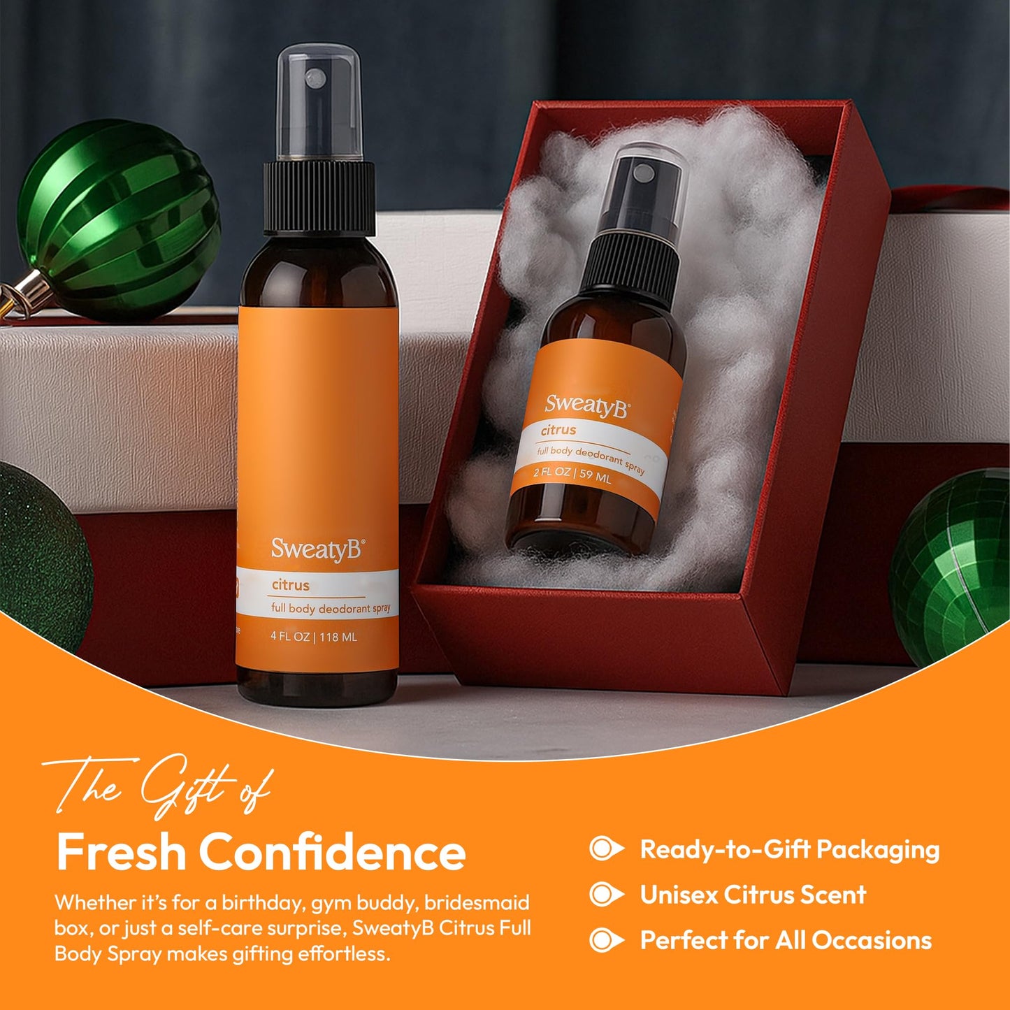 SweatyB® Deodorant spray - Odor Protection with whole body deodorant for women & men - Travel Size, Skin-Safe, Vegan & Made in USA - Citrus body spray - 4 Oz