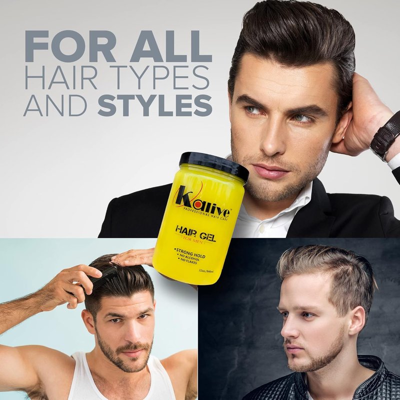 KALIVE Men's Hair Styling Gel - Strong Hold & Light Shine | 32 oz, Fresh Scent, No Flaking