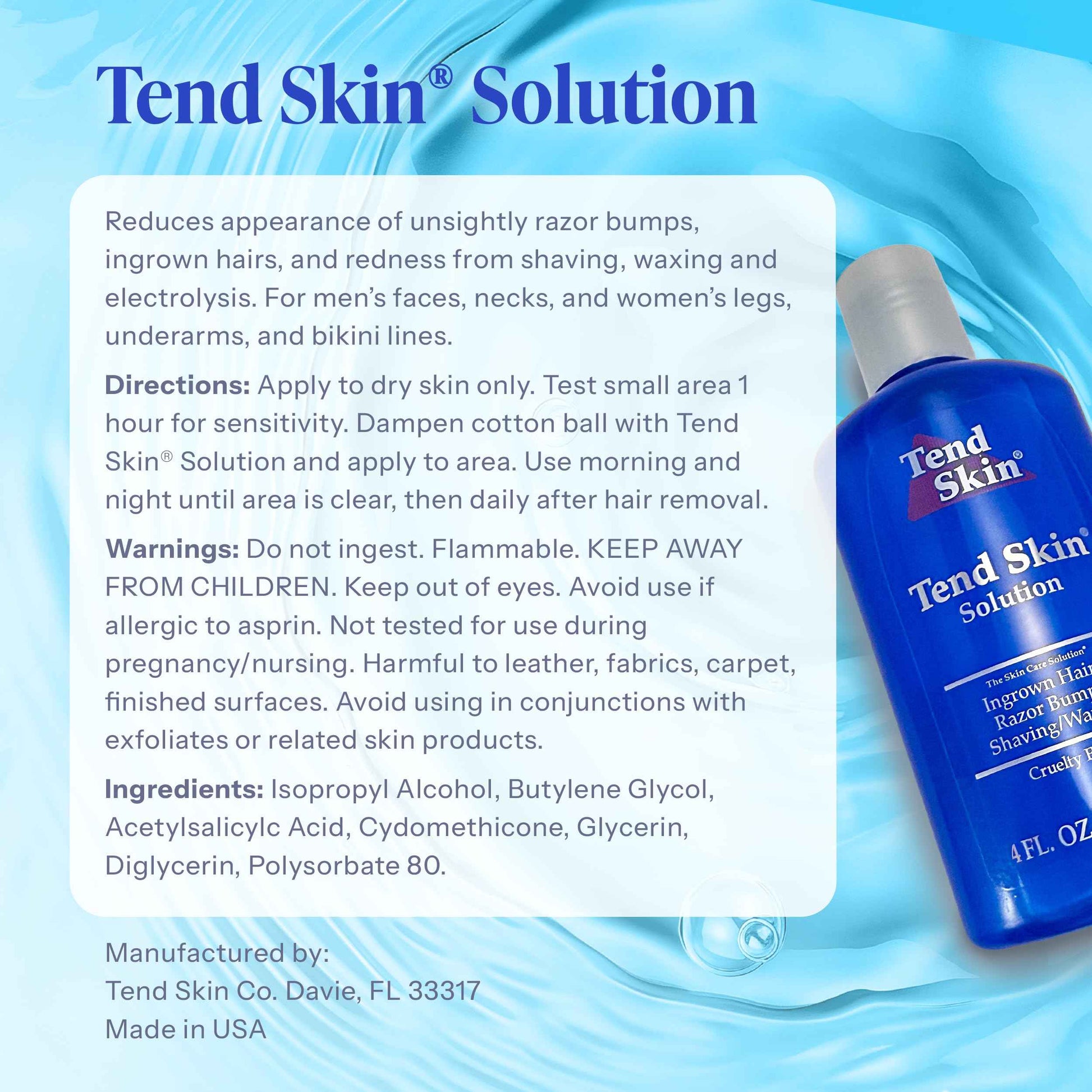 Tend Skin Solution for Unsightly Razor Bumps, Ingrown Hair and Razor Burns, Post Shaving and Waxing Toner for Men and Women, Made in USA, 4 Oz