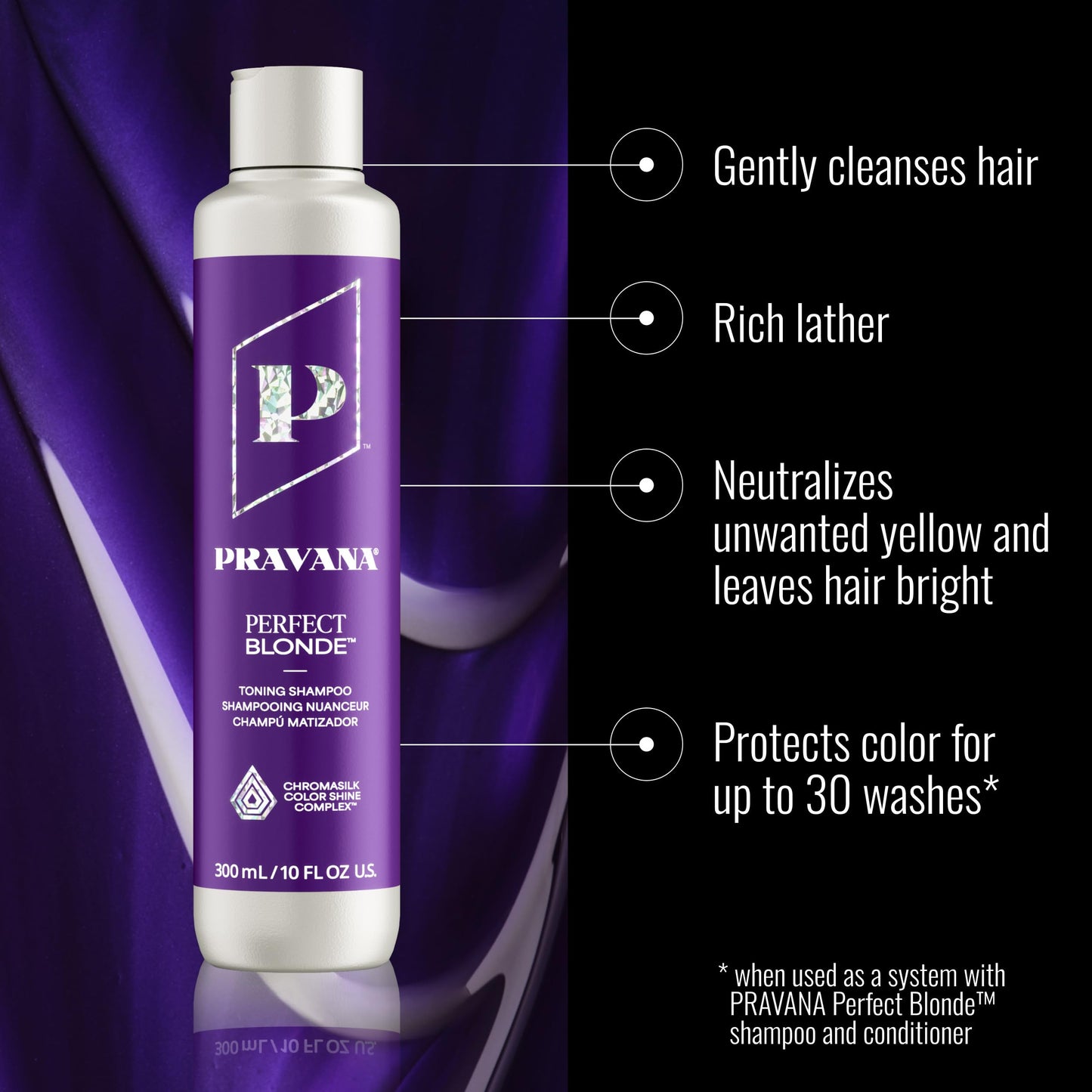 Pravana The Perfect Blonde Purple Toning Shampoo | Neutralizes Brassy, Yellow Tones | For Color-Treated Hair | Chromasilk Enhances Shine & Protection | Vegan, Paraben & Sulfate Free | 33 Fl Oz