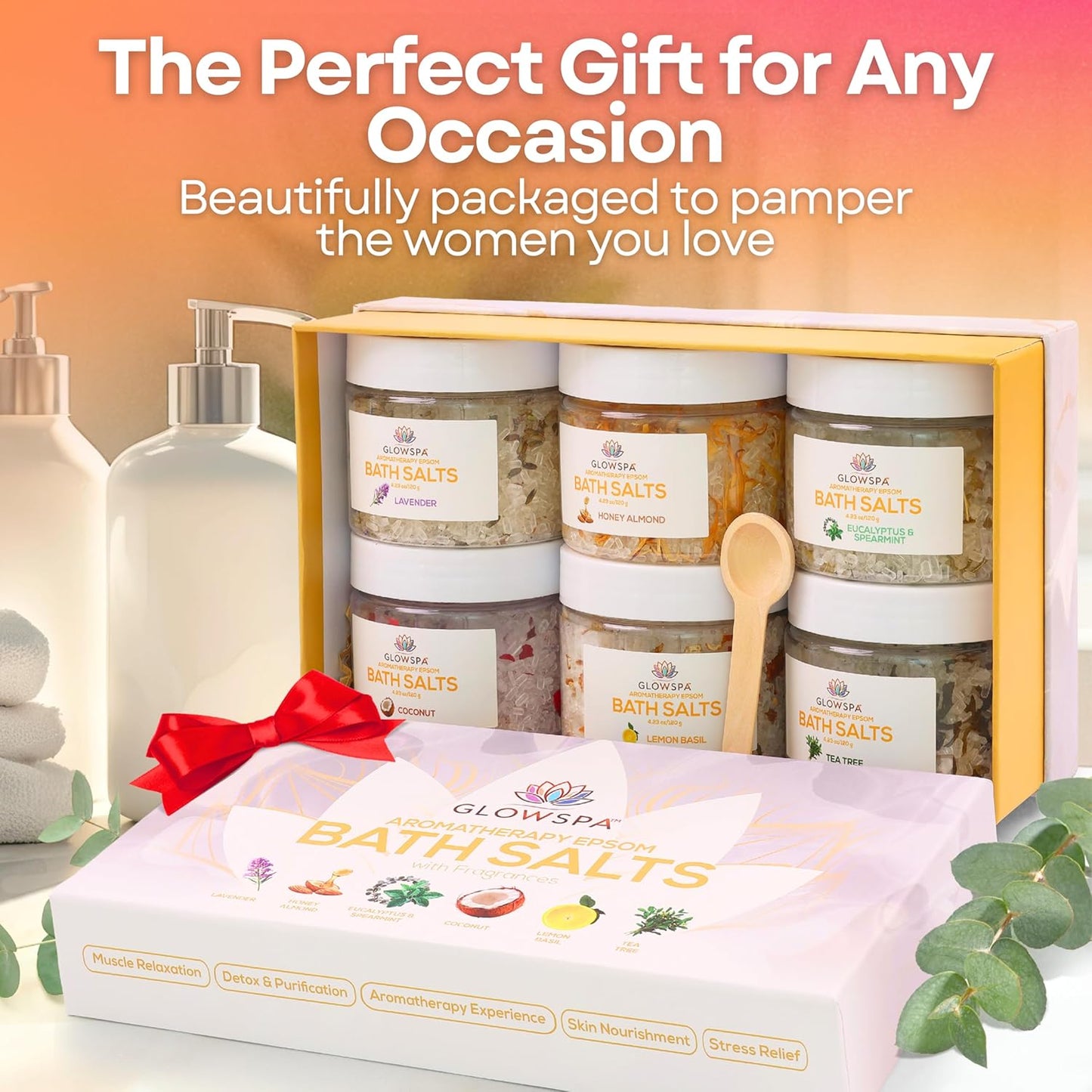 Epsom Salt Bath Soak Gift Set - 6 Relaxing Scented Bath Salts | Lavender, Rose, Chamomile, Eucalyptus, Coconut, Orange