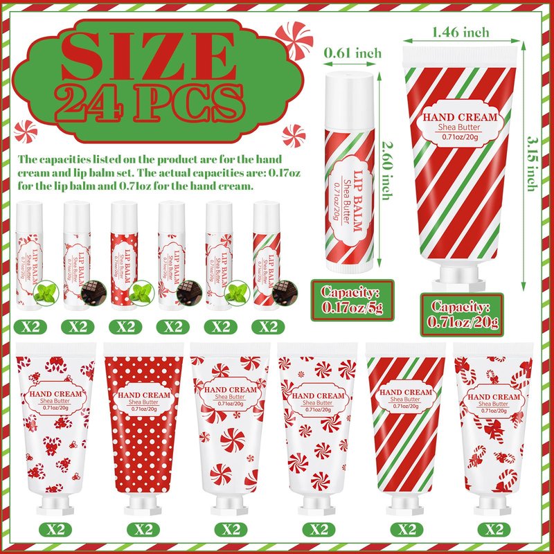 Leelosp 24 Pcs 12 Sets Christmas Hand Cream and Lip Balm Gift Set Bulk Mini Travel Size Lotion and Lip Balm with Peppermint Candy Theme Xmas Stocking Stuffers Thank You Gift for Women Staff Coworker