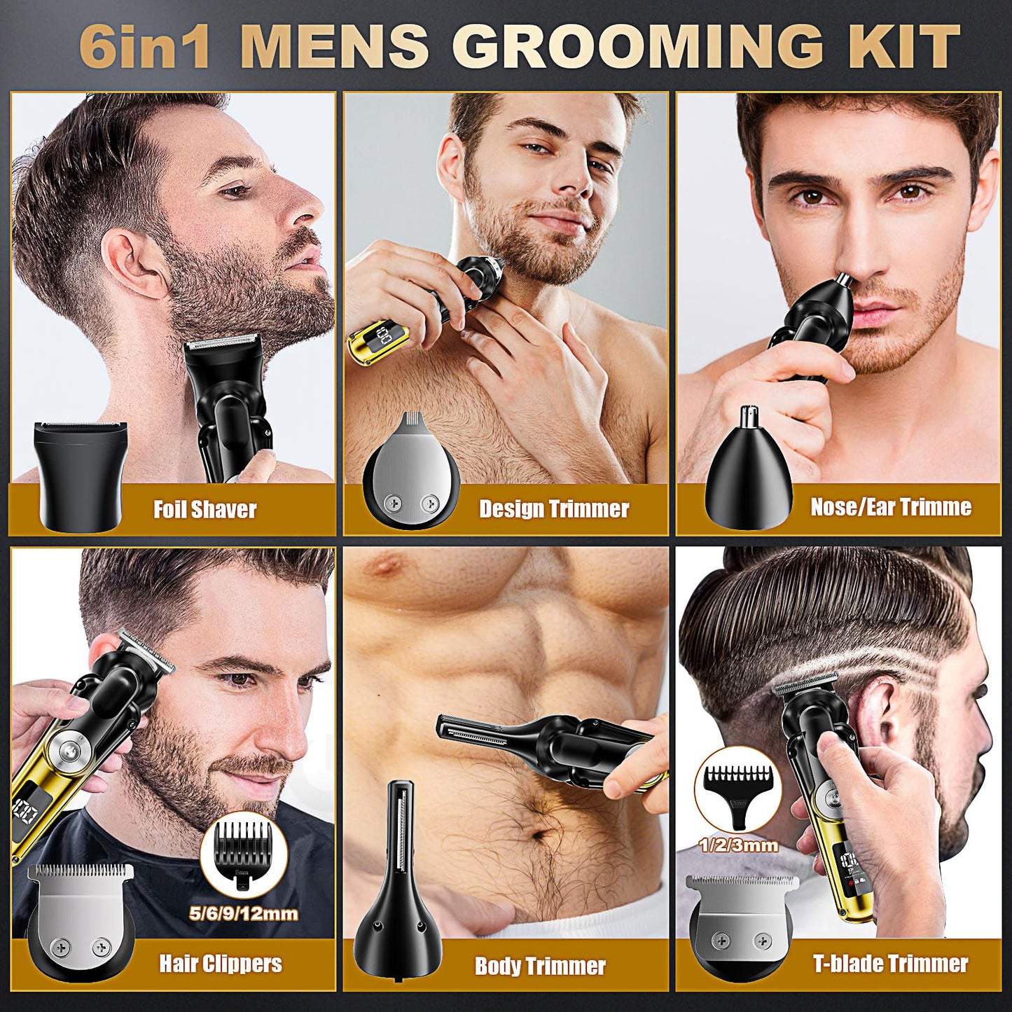 6-in-1 Hair Clipper Beard Trimmer for Men, IPX6 Waterproof Electric Shaver Razor&Cordless Hair Clipper Grooming Kit Hair Trimmer for Nose, Body, Face and Mustache, Gifts for Men