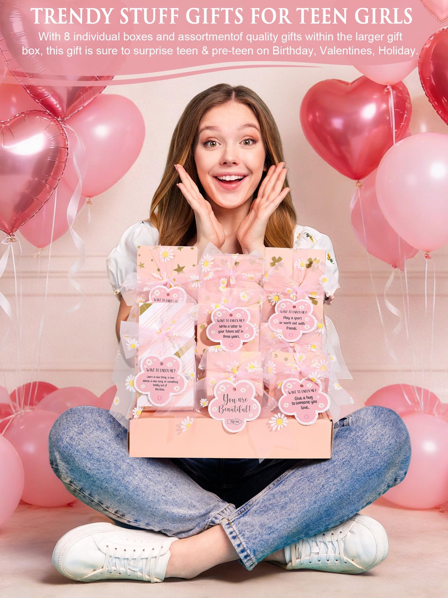 Easter Basket Gifts for Tween & Teen Girls, 8 PCS Birthday Gift Teenage Girl Gifts Trendy Stuff w/Fun Task Tag Makeup Brushes & Bag, Empower Positive Wrapped Gift Prefilled Stuffers for Daughter Niece
