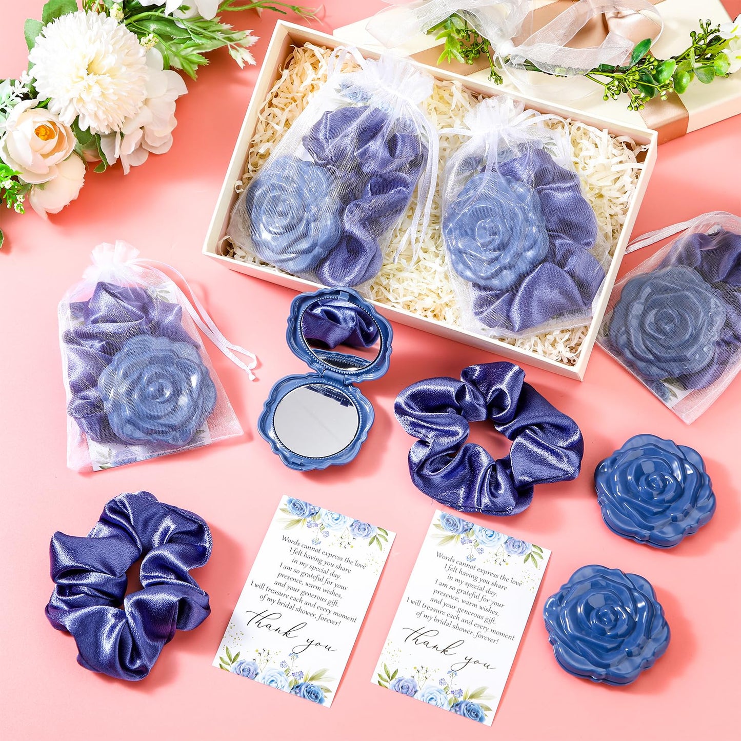 XunYee 30 Sets Rose Compact Mirror Bulk Bridal Shower Favors for Guests Mother's Day Souvenir Gifts Hair Ties Elastic Scrunchies, Thank You Card and Organza Bags for Wedding Quinceanera(Dusty Blue)