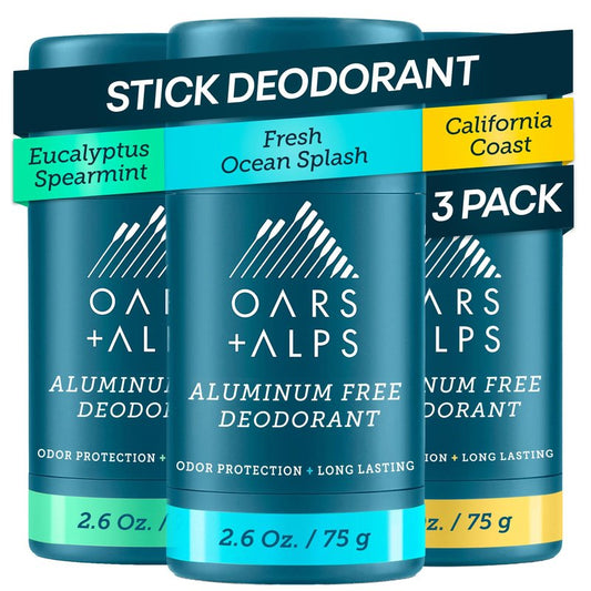 Oars + Alps Aluminum Free Deodorant for Men | Long Lasting Odor Protection, Clear & Free of White Residue, Anti-Chafing Smooth Glide, Dermatologist Tested, Variety Pack 3pk, 2.6oz