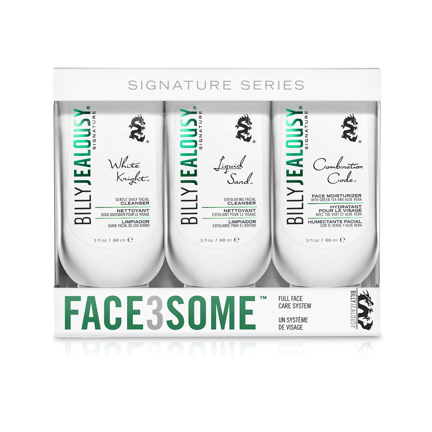 Billy Jealousy Face3Some Face Trio Vegan Mens Skin Care Kit with Travel Size Toiletries, Daily Facial Cleanser, Exfoliating Facial Cleanser and Skincare Moisturizer, Gentle Fresh Scent