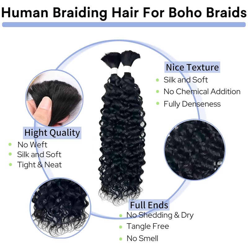 Human Braiding Hair - 16 Inch Water Wave Bulk Braiding Extensions | 100% Human Hair, Curly, Natural Color, 2 Bundles