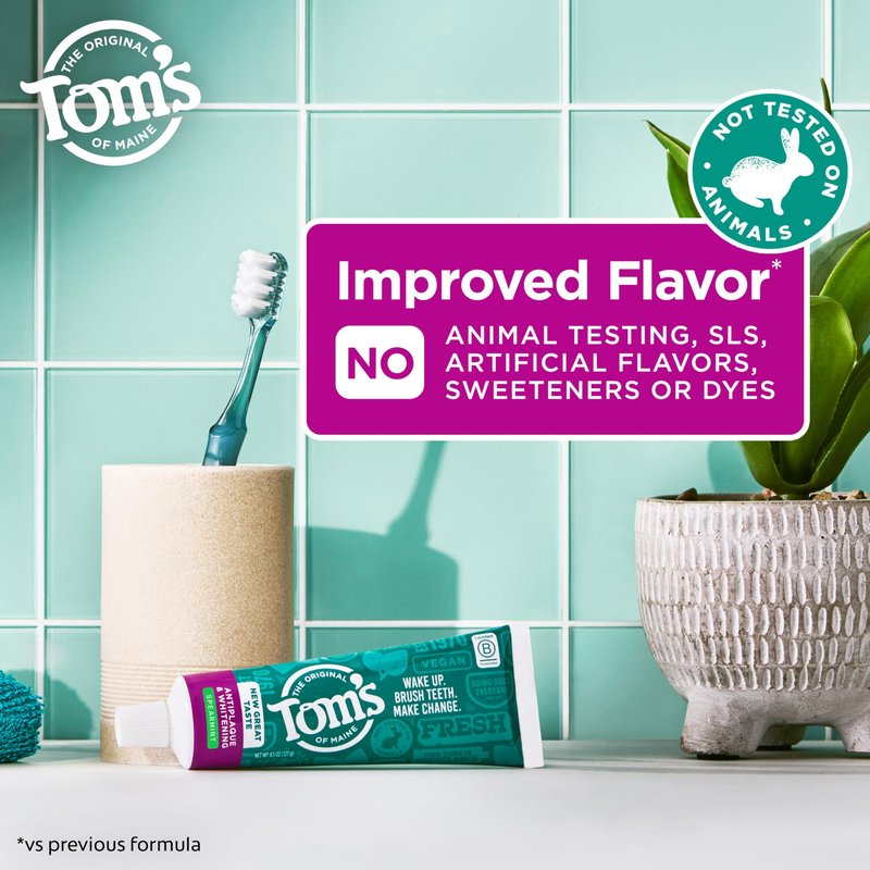 Tom’s of Maine Antiplaque and Whitening Toothpaste, 3 Pack, Natural Fluoride Free Toothpaste, SLS Free Formula, Helps Whiten Teeth and Fights Tartar, Gluten Free, Spearmint, 4.5 oz