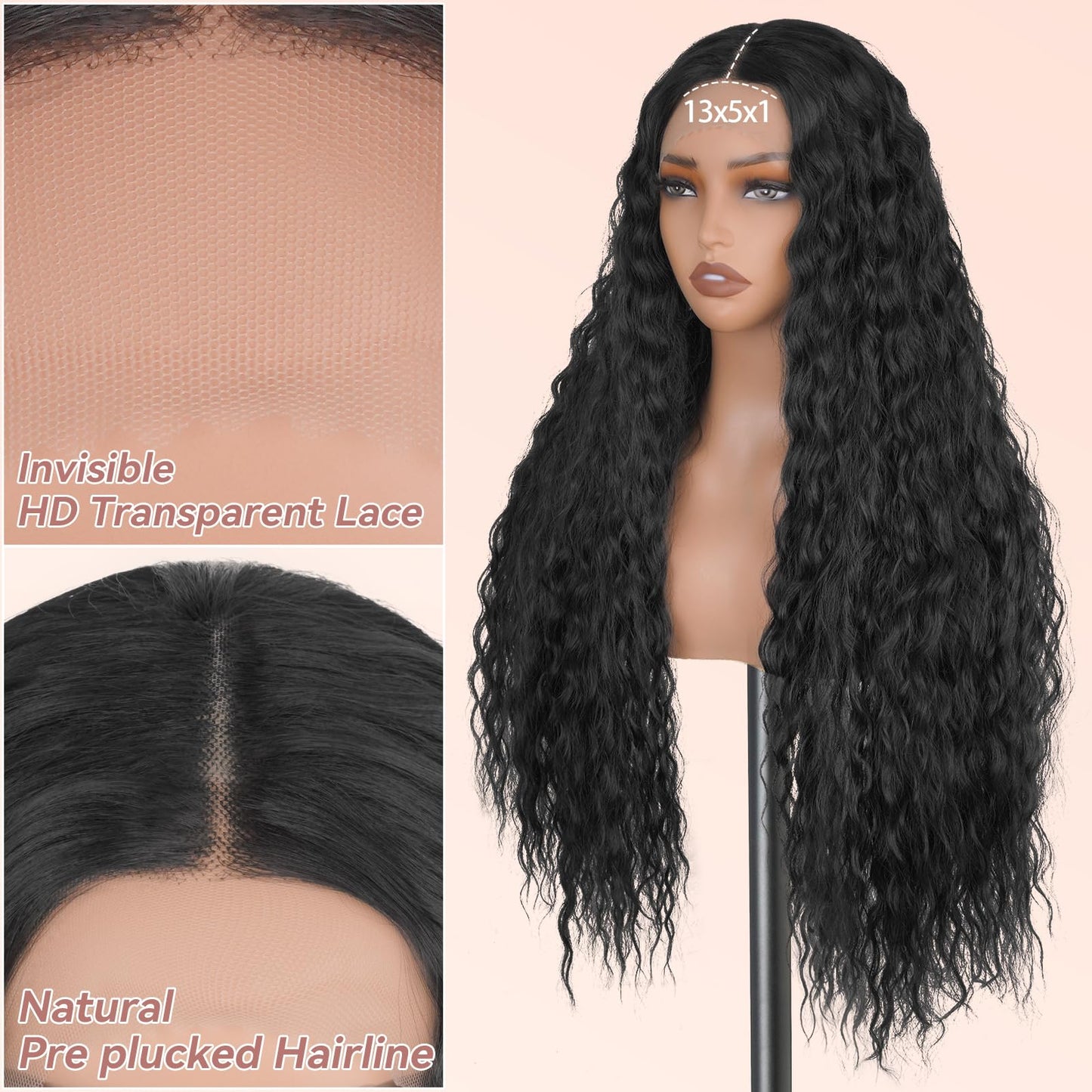 MS.FEEL Long Deep Curly Wig Synthetic Lace Front Wigs Glueless 13x5x1 HD Transparent Lace Wig Pre Plucked Natural Hairline Wavy Wigs for Black Women (#1B Natural Black, 28 Inch)