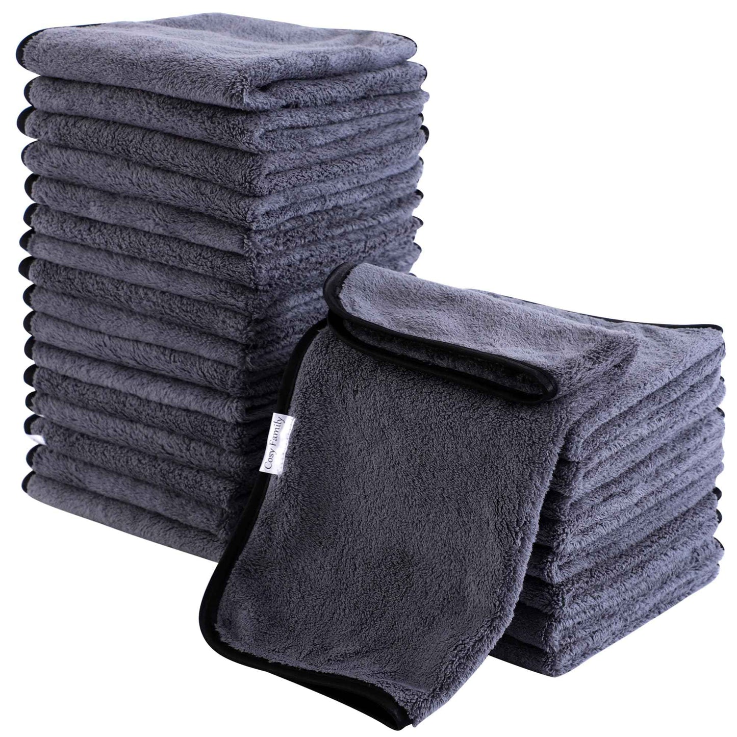 Cosy Family 24 Pack Soft Washcloths Set - 12 x 12 inches, Quick Drying - Highly Absorbent Coral Velvet Fingertip Towel Bathroom Wash Clothes for Bath, Spa, Facial, Kitchen - Dark Grey