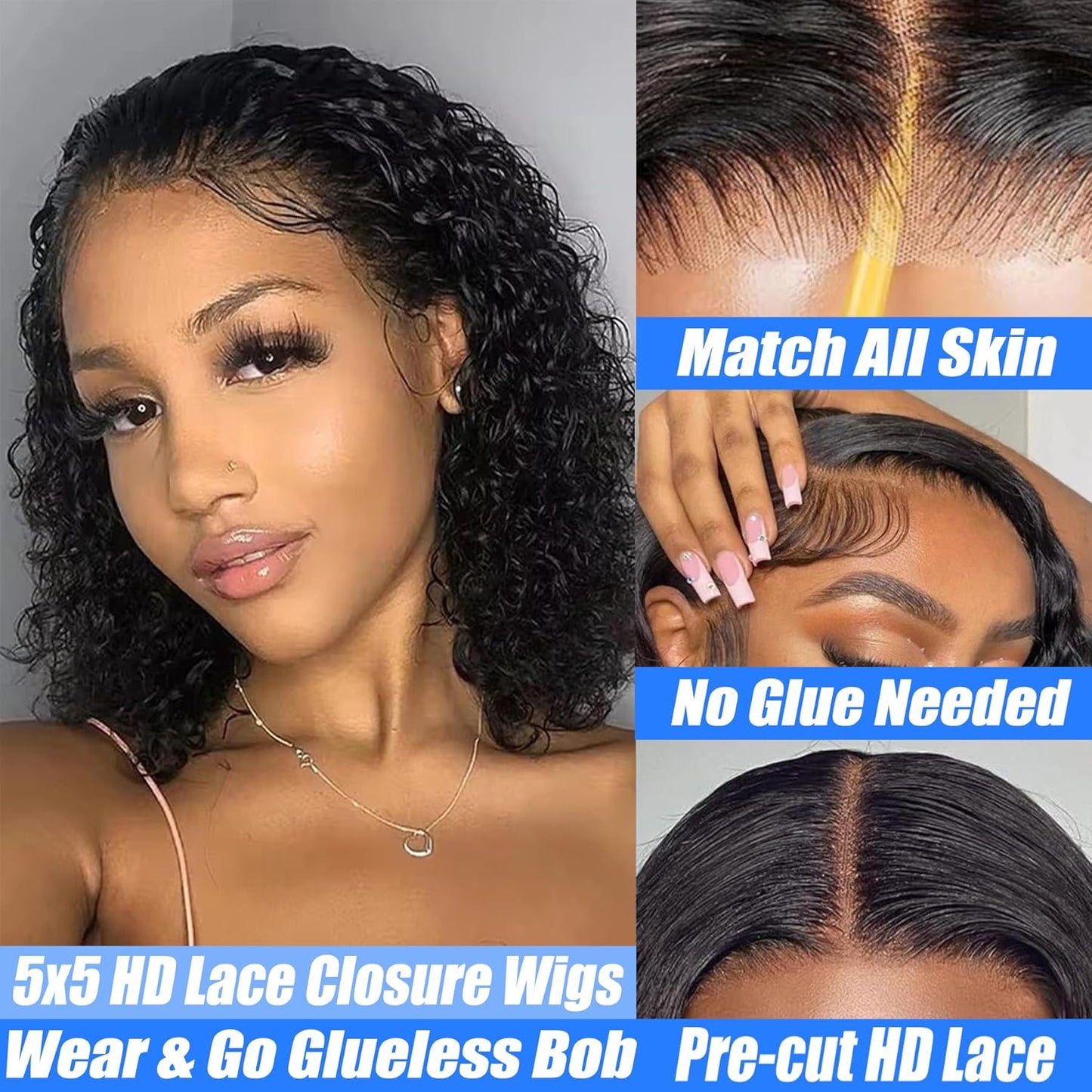 Glueless Human Hair Bob Wig - Pre Plucked Deep Wave Lace Closure | 8-Inch Curly Wig for Black Women
