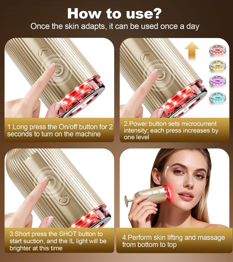 Face Massager Tool with Suction Shot 2026, 4 Color Facial Red Light Therapy, Beauty Device for Face, Face Massager for Double Chin & Lifting & Wrinkle Reduction, Portable Skin Care Tools, Rose Gold