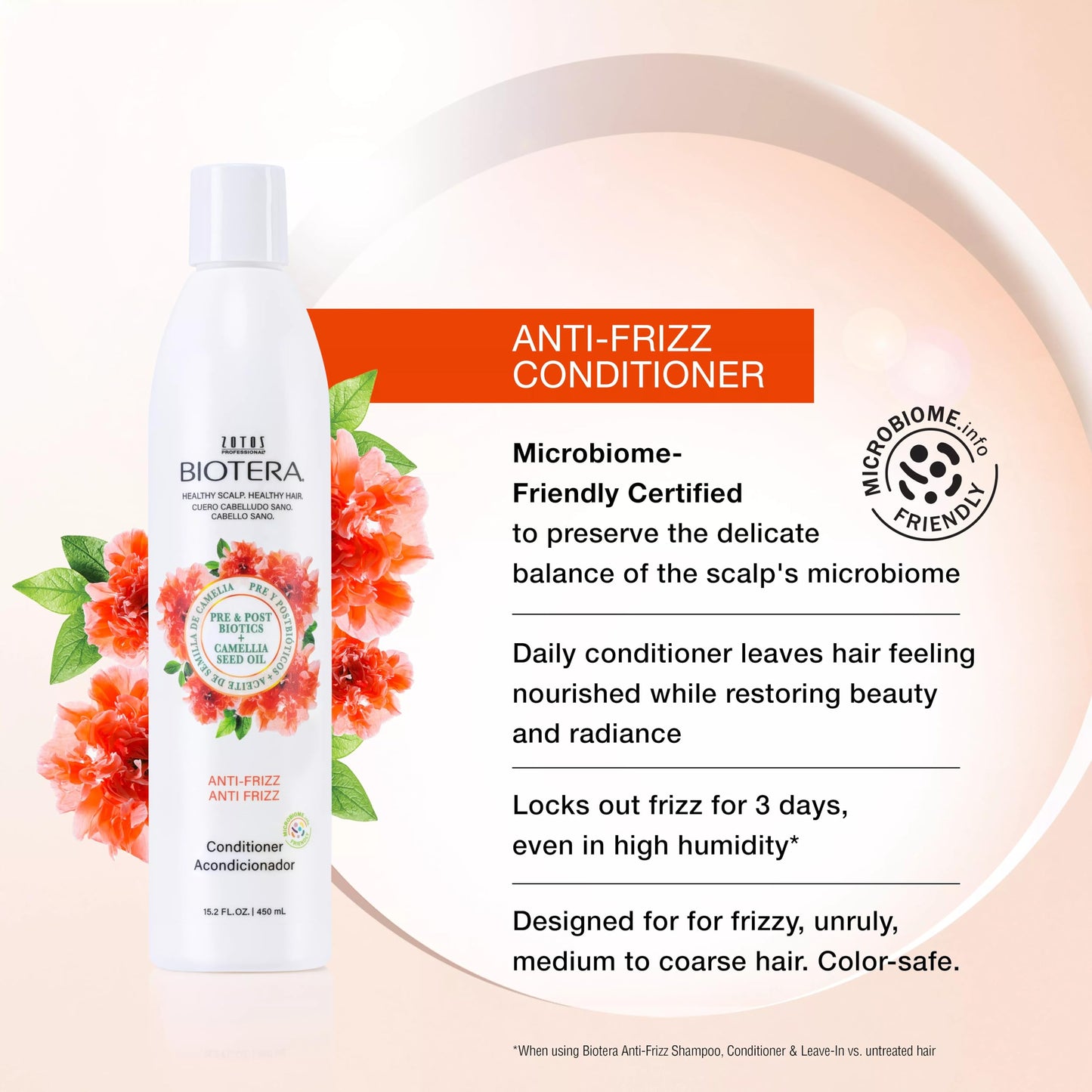Biotera Anti-Frizz Smoothing Conditioner for Frizzy, Unruly Hair - Smooths & Controls Frizz with Coconut & Camellia Seed Oil, Enhances Shine & Softness, Color-Safe, Vegan, 32 Fl Oz