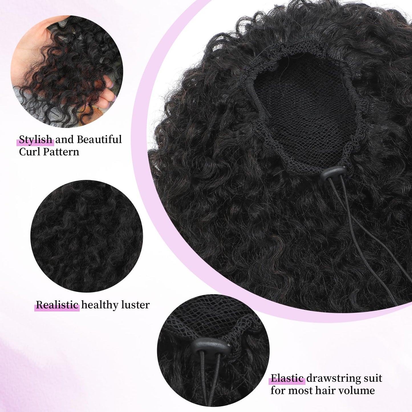Urbeauty Drawstring Curly Ponytail Extensions Pink Mango Protein Silk Fiber Human Hair Soft Feeling Afro Kinky Curly Hair Puff Pony tails Lightweight, Soft Natural Budget for Daily Styles