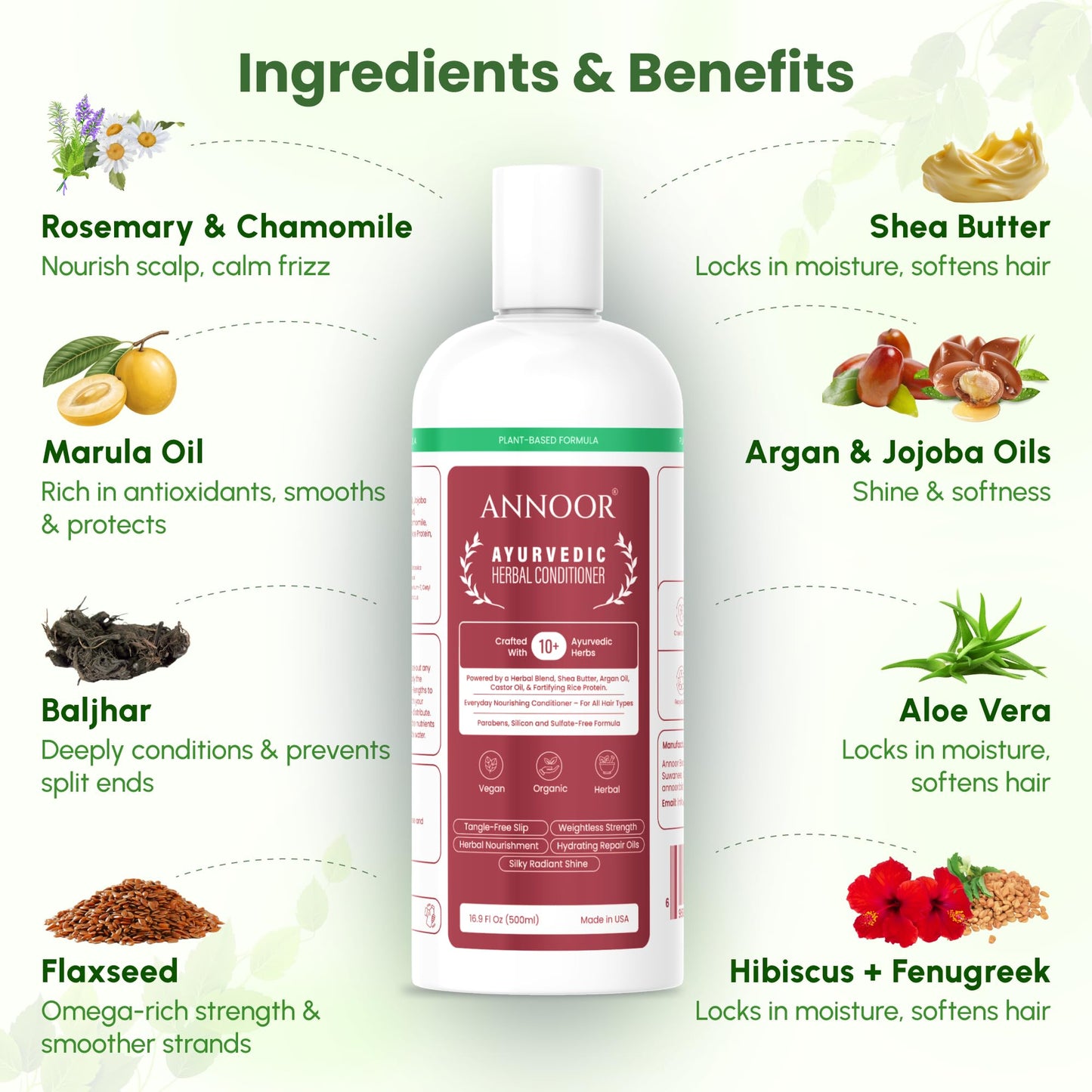 Annoor Ayuverdic Herbal Conditioner 16.9 Fl Oz | Plant-Based | Paraben and Sulfate-Free | With Shea Butter, Argan Oil, Castor Oil, Rice Protein and 10+ Herbs | Shine, Volume and Strength