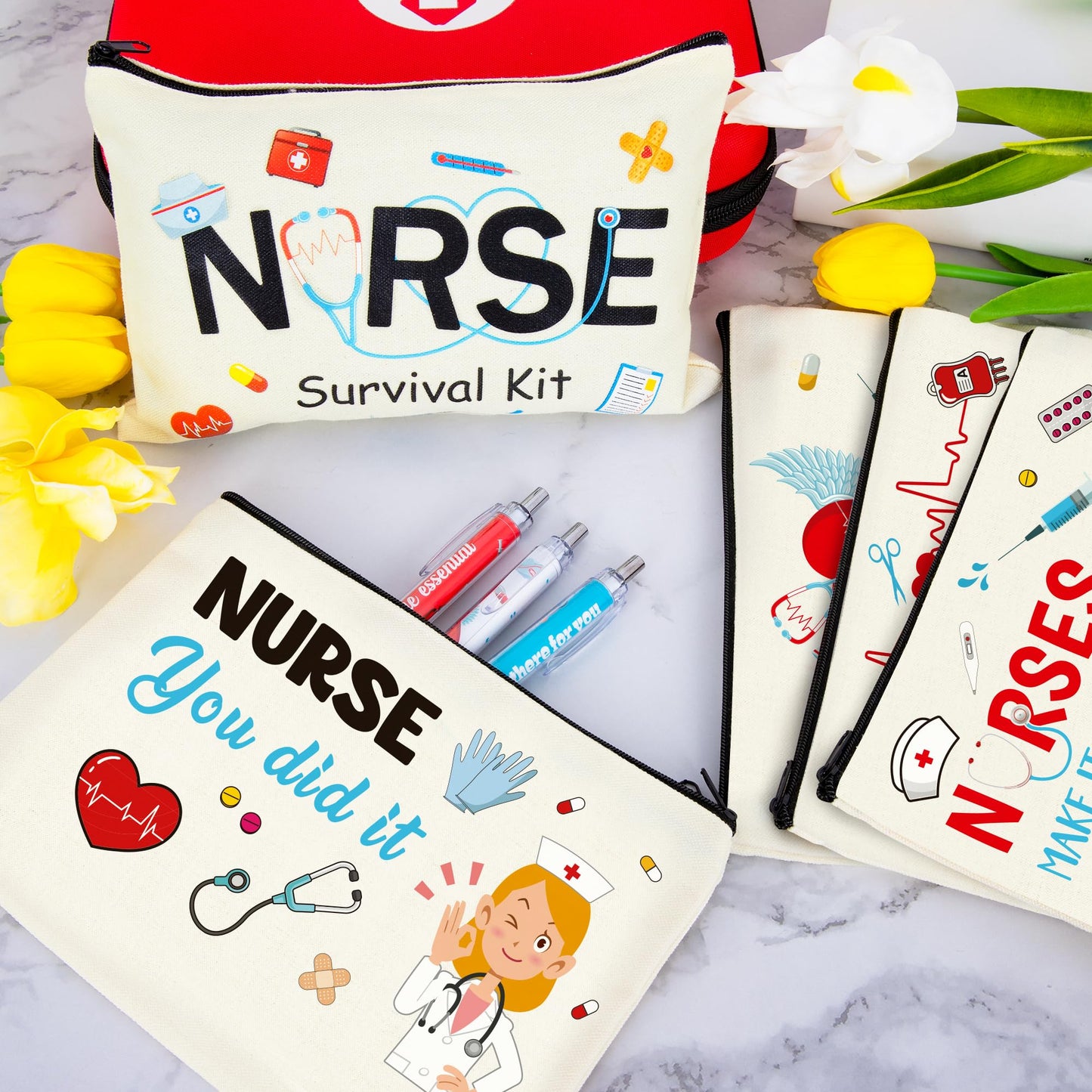 ZATAYE Nurses Week Accessories, 24 PCS Nurse Survival Kit Bag, Canvas Zipper Pouch Nurse Practitioner Accessories, Nurse Zipper Travel Makeup Bag for Women Girls Nurses Nurse Party