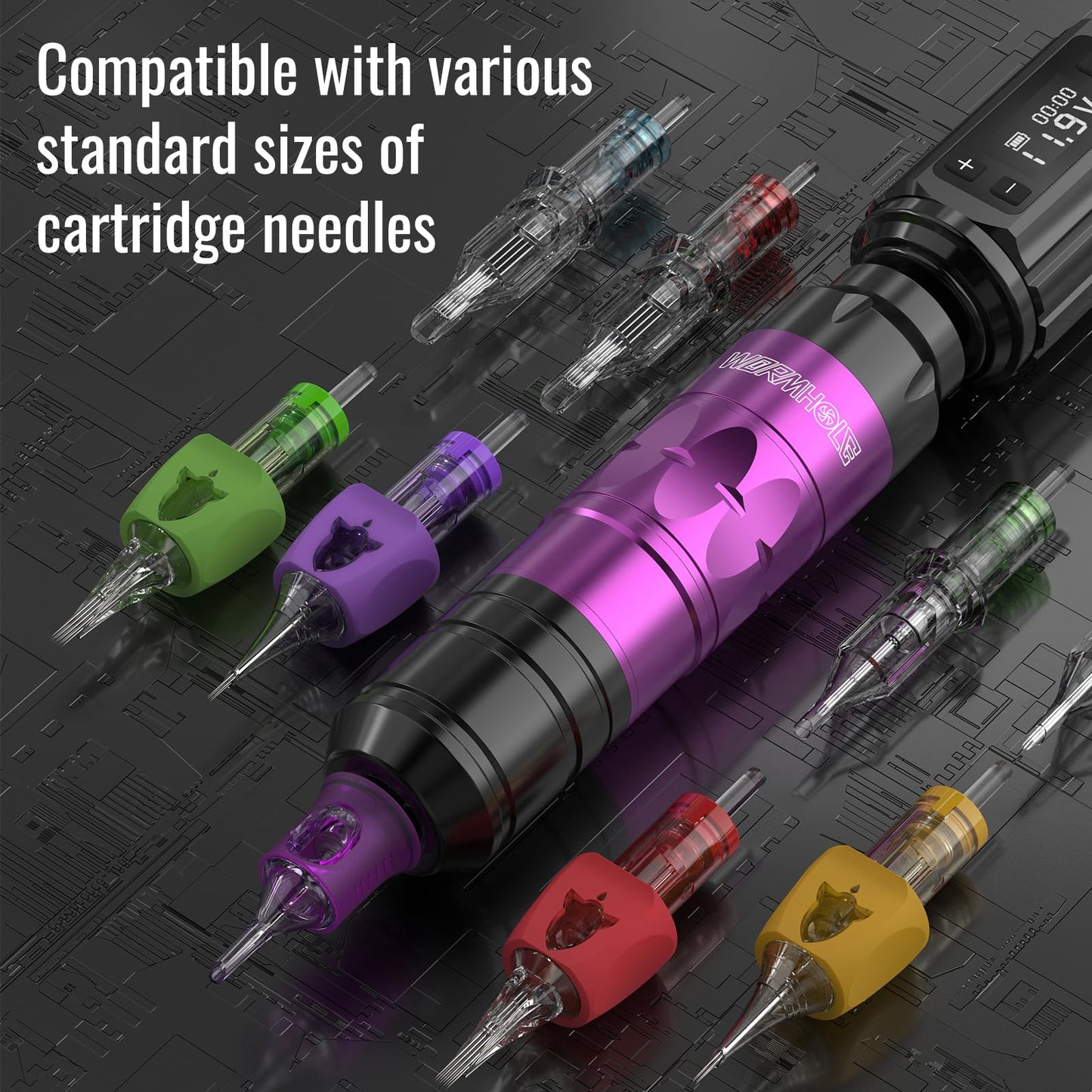 Wormhole Tattoo Gun Tattoo Kit with Wireless Tattoo Machine, 2PCS 1,200mAh Capacity Tattoo Batteries, 20 Cartridge Needles with Finger Ledge, Ink Color Set for Artists-Purple WTK293