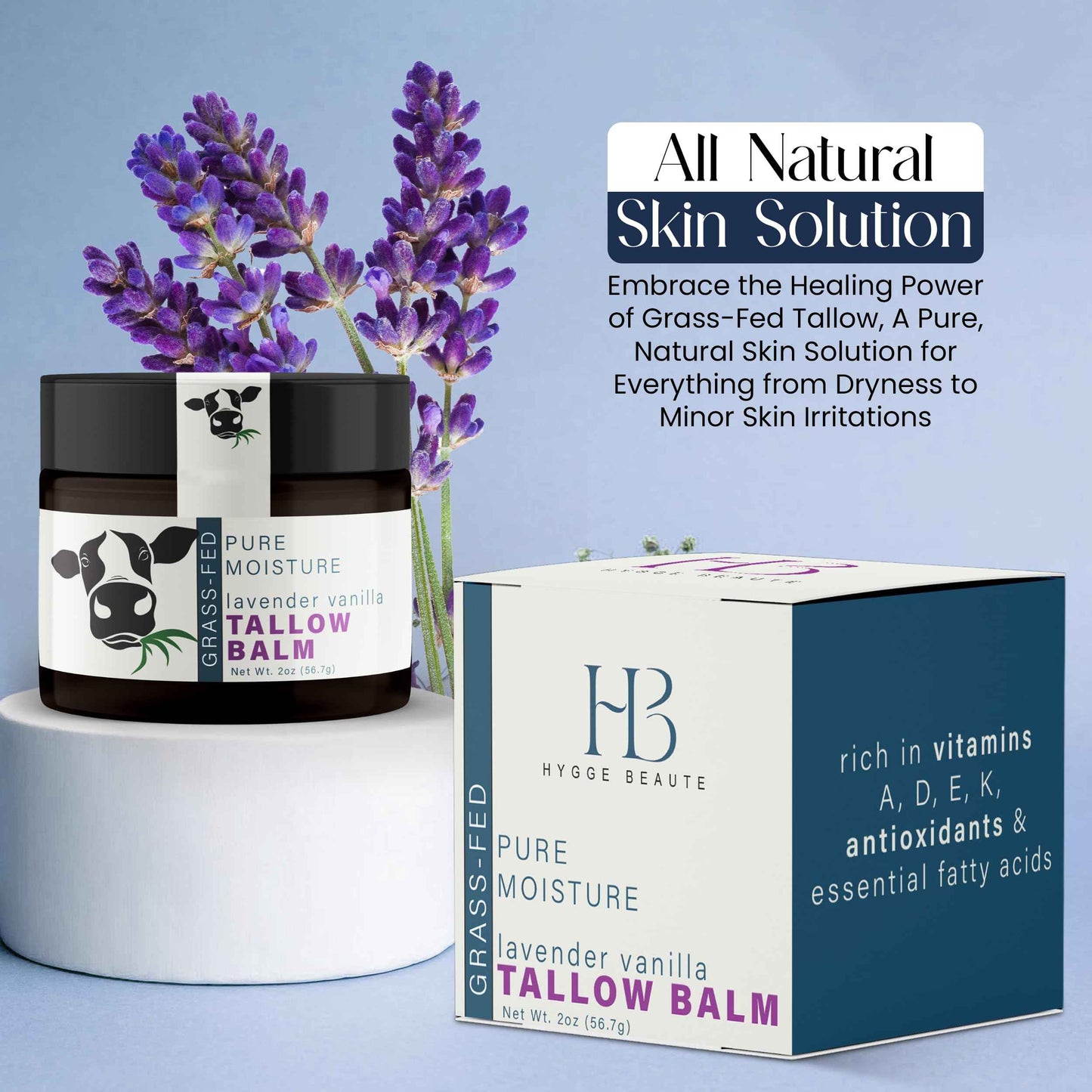 Hygge Beaute Beef Tallow for Skin - Handmade Organic Grass Fed Beef Tallow Face Moisturizer - 2 OZ Lavender Vanilla Scented Beef Tallow Balm with Deep Hydration, Soothing Relief, Skin Repair