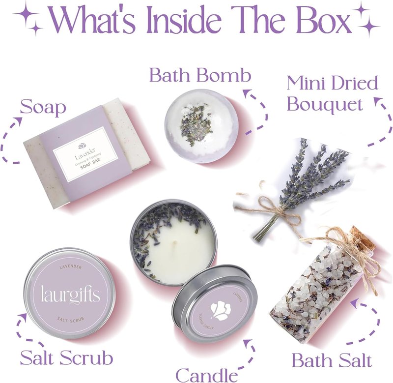 Lavender Spa Gift Basket - Relaxing Self-Care Set with Candle & Bath Essentials | Perfect Birthday Gift for Women
