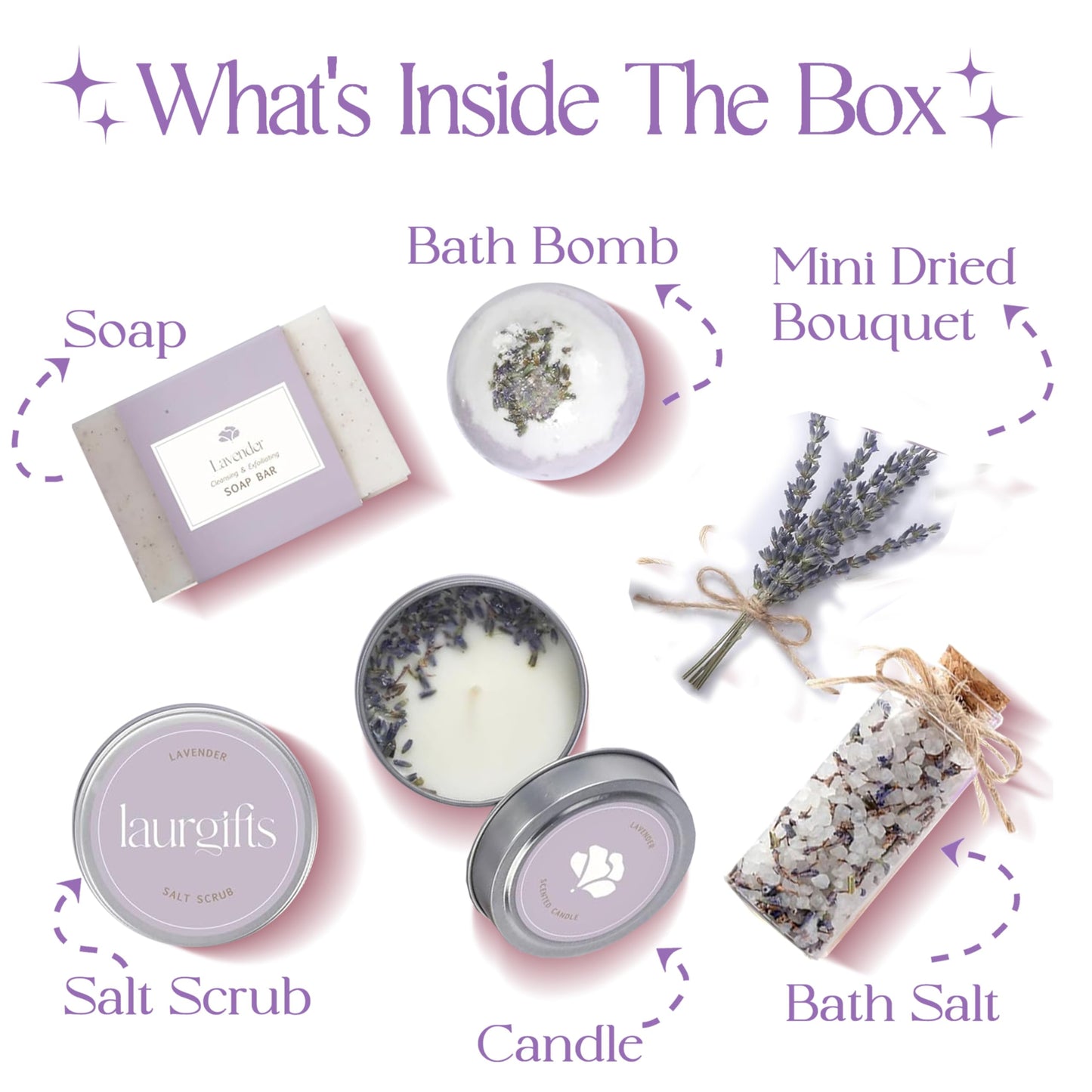 Birthday Gifts for Women – Lavender Spa Gift Basket, Small Candle Set with Bath Gifts, Relaxing Self Care Basket, Lavender Gift for Her