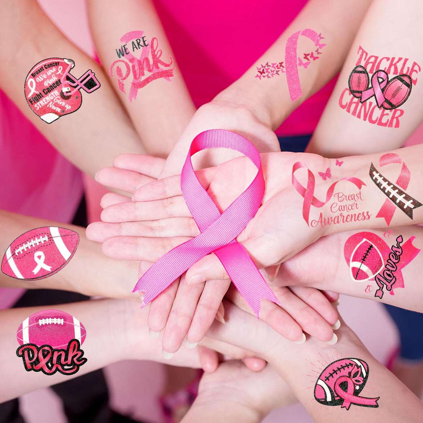 HOWAF 72pcs Breast Cancer Awareness Temporary Tattoos, Glitter Pink Out Football Tattoos, Football Pink Ribbon Themed Tattoos Stickers for Breast Cancer Month Charity Event Supplies Favors