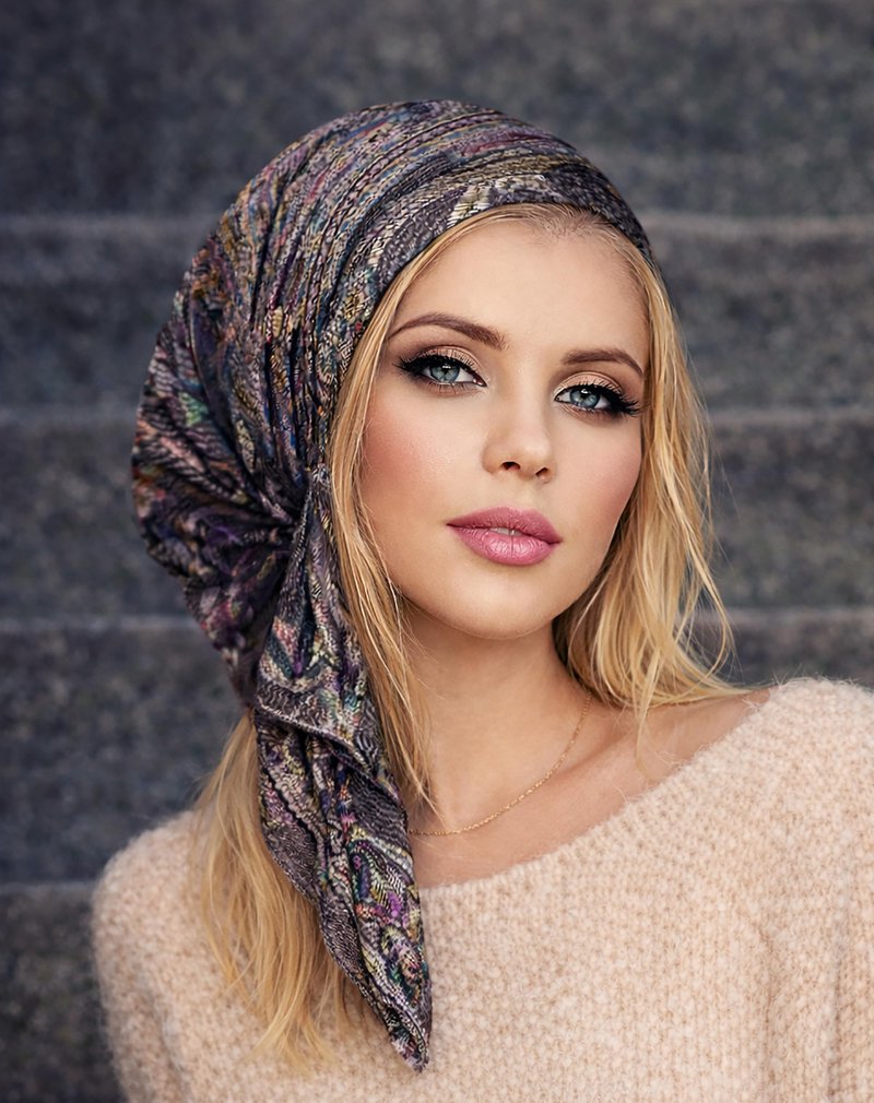 ShariRose Black Headcover Cashmere Non Slip Headscarf for Women Paisley Purple Floral Pre-tied Bandana (Black purple paisley)