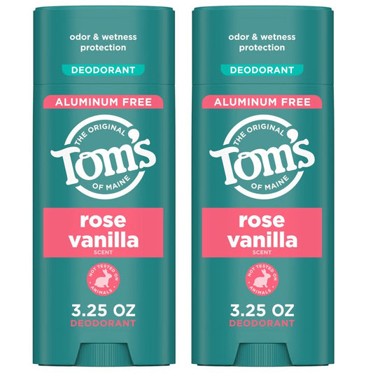 Tom’s of Maine Rose Vanilla Aluminum Free Natural Deodorant For Women & Men | Goes on Clear | Odor & Wetness Protection | Naturally Derived and Moisture-Locking Ingredients | 3.25 oz (2 Pack)