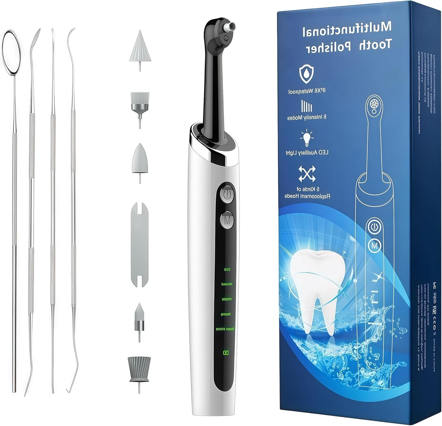 Tooth Polisher - LED Plaque Remover with 5 Speed Modes | Teeth Cleaning Kit with 5 Replacement Brush Heads