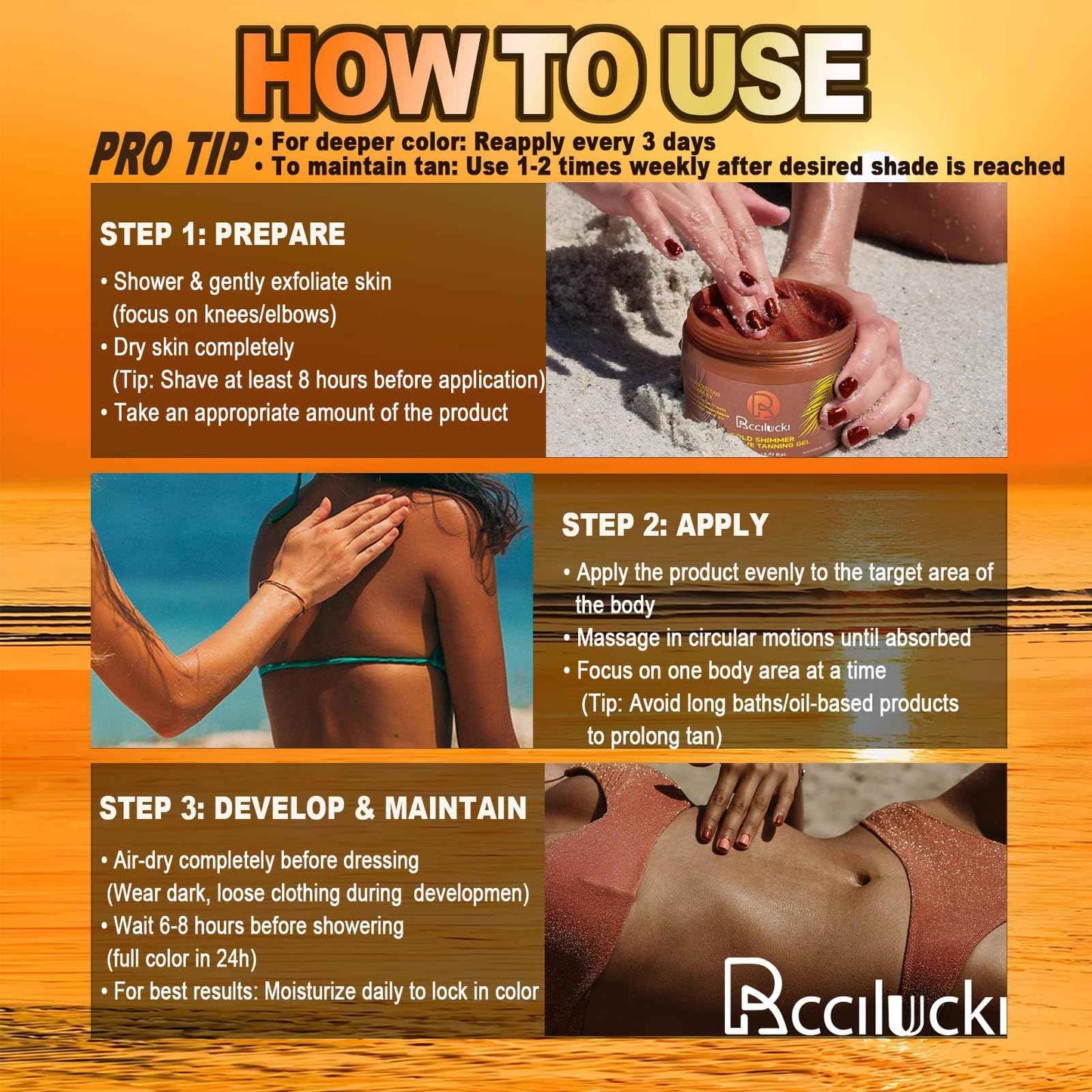 Golden Shimmer Tanning Accelerator Gel - Intensifies Natural Tan Under Sun/Beds | With Carrot Oil & 2% DHA | Water-Resistant | 5 Fl Oz