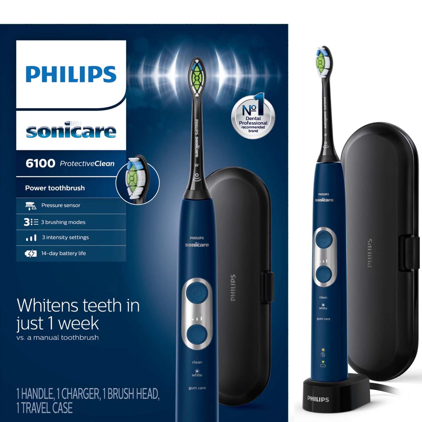 Philips Sonicare ProtectiveClean 6100 Rechargeable Electric Toothbrush, with Pressure Sensor, 3 Cleaning Modes, SmarTimer and QuadPacer, 14-Day Battery Life, Travel Case, Navy Blue, Model HX6871/49