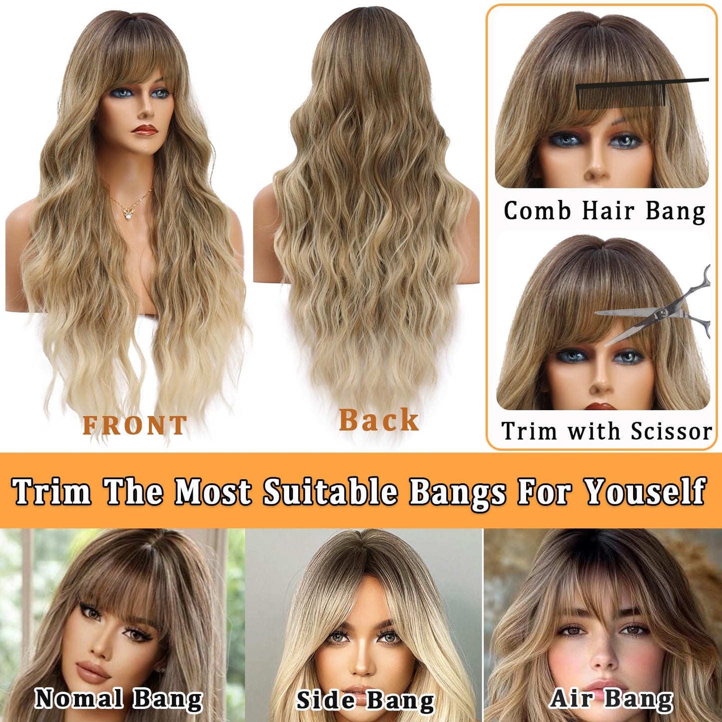 Vomella Dirty Blonde Wig with Bangs 26 Inch Long Curly Wavy Wigs for Women Natural Looking Synthetic Heat Resistant Wig for Daily Party Use