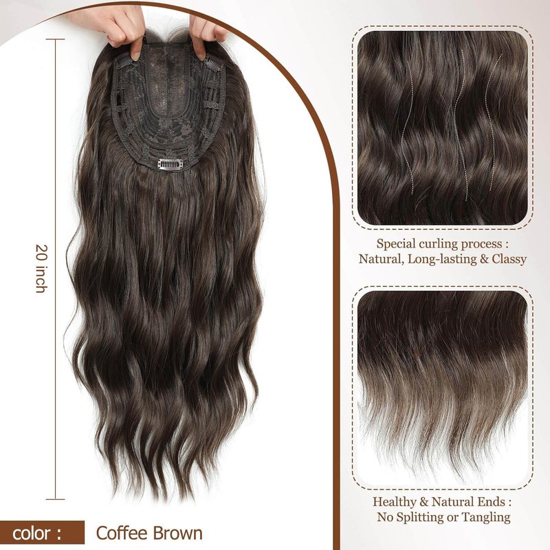 Hair Toppers for Women - Clip-In 20-Inch Coffee Brown Wavy Curly Synthetic Hairpiece