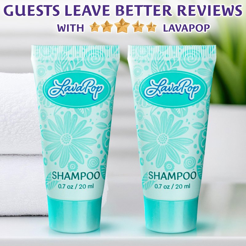 LavaPop - Travel Size Hotel Shampoo - Iris, Violet & Amber, 0.7 fl oz, 100 Pack - Delight Your Guests with Calming & Comforting Shampoo - Bulk Small Toiletries for Airbnb, Motels & Guest Rooms