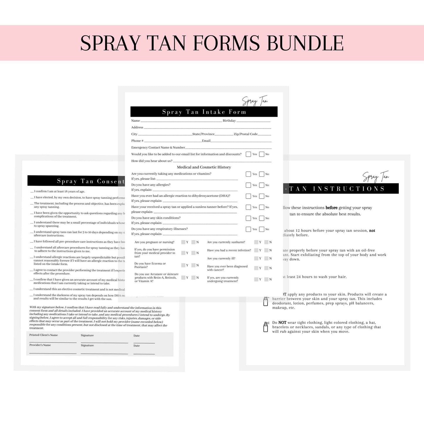 Spray Tan Intake Forms, Consent, Aftercare Instructions |75 pk 25 of each printed | Pre-tan before your spray, rapid spray tan included 8.5 x 11” Client Intake Signature Minimalist Black White