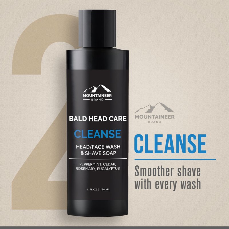 Mountaineer Brand Bald Head Care Gifts For Bald Men | All Natural 3 Step Daily Skin Care for Healthy Scalp & Face | Exfoliate Scrub | Cleanse Wash | Shine Away PH Balance