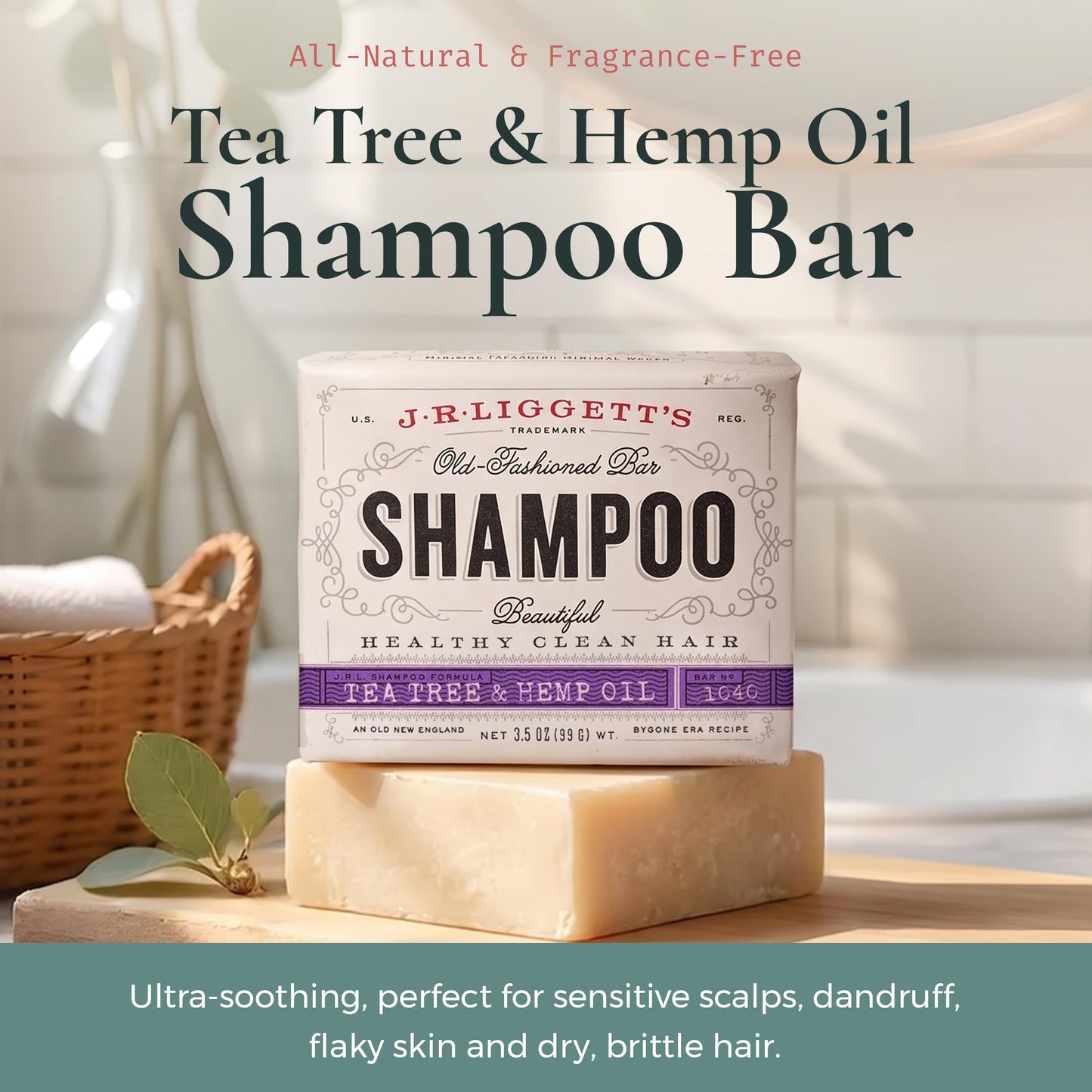 J.R.LIGGETT'S Shampoo Bar Tea Tree Formula, All-Natural Solid Hair Cleanser, Soothing Bar Shampoo with Tea Tree and Hemp Seed Oil for Dry, Sensitive Scalps, Fragrance & Sulfate-Free, 3.5 oz (3-Pack)
