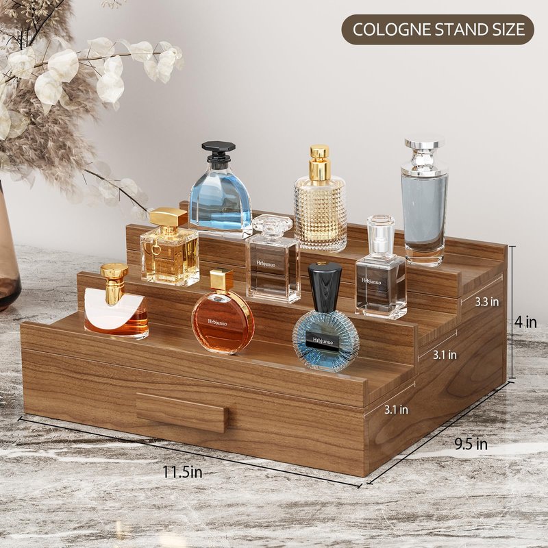 Hrbjunuo Solid Walnut Cologne Organizer for Men, 3 Tier Cologne Stand, Wooden Cologne Holder Display Shelf with Drawer Storage and Hidden Compartment, Perfume Stand Organizer, Gift for Men Dad Husband