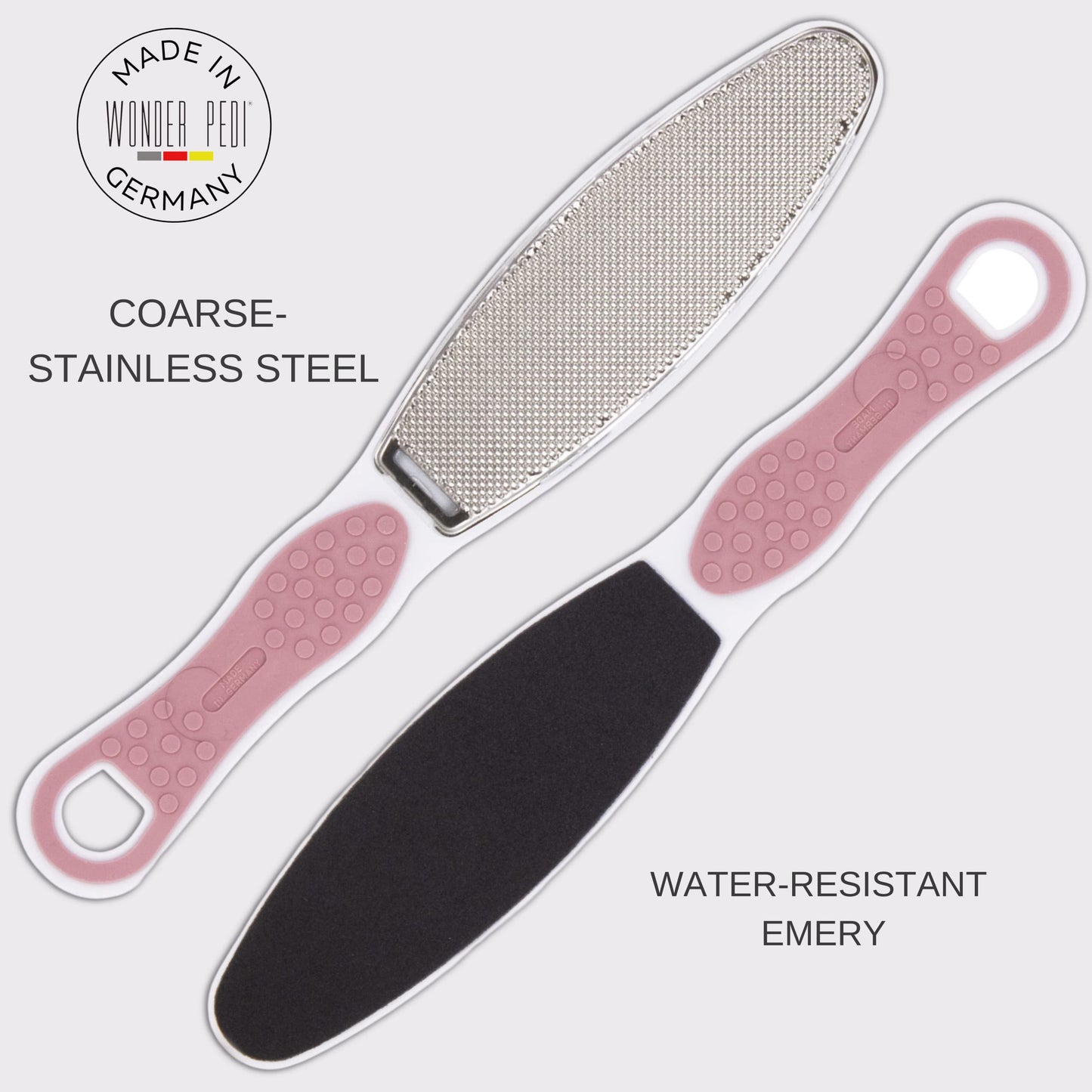 Made in Germany Double Sided Foot File Callus Remover, Stainless Steel and Emery Sides Feet Scrubber, Professional Pedicure Foot Care Tool Rasp, Long Lasting Foot Buffer, Heel Scraper, Wonder Pedi