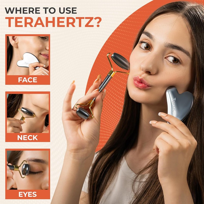 Terahertz Gua Sha & Facial Roller Set - Authentic Terahertz Stone for Puffiness Relief | Eye Massage & Relaxation