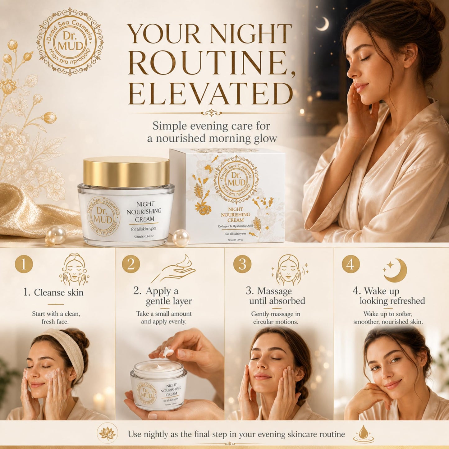 Dr.MUD Night Nourishing Cream for Face with Dead Sea Minerals, Hyaluronic Acid, Collagen, Vitamin E, Green Tea, Avocado Oil & Aloe Vera, Rich Overnight Moisturizer for All Skin Types, 50 ml