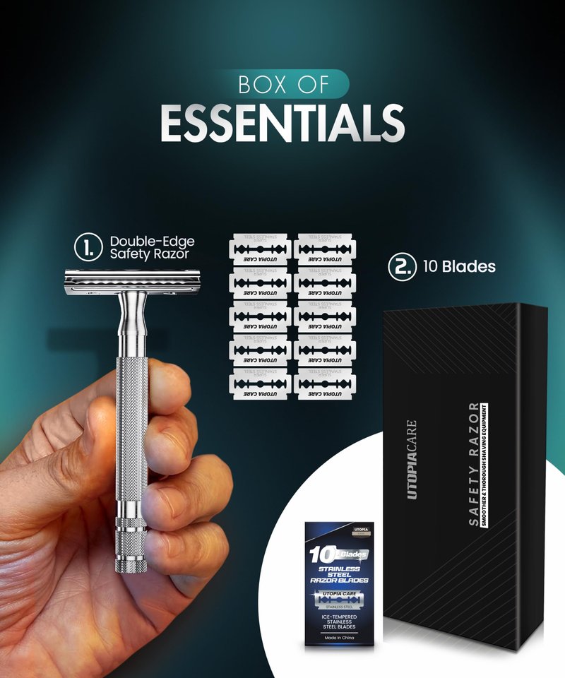 Utopia Care Double Edge Safety Razor for Men & Women with 10 Premium Stainless Steel Blade Refills, Reusable Single Blade Razor, Silver